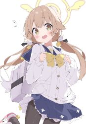 Rule 34 | 1girl, :d, absurdres, backpack, bag, black pantyhose, blue archive, blue sailor collar, blue skirt, blush, bow, brown eyes, brown hair, cardigan, commentary request, halo, hand up, hifumi (blue archive), highres, long hair, long sleeves, looking at viewer, low twintails, open mouth, pantyhose, pinching sleeves, pleated skirt, sailor collar, shoes, simple background, skirt, sleeves past wrists, smile, solo, suta0822, teeth, twintails, upper teeth only, very long hair, white background, white cardigan, white footwear, wing hair ornament, yellow bow
