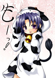 Rule 34 | 1girl, animal costume, animal print, bell, blue hair, clannad, cosplay, cow costume, cow print, cowbell, highres, ichinose kotomi, purple eyes, solo, tourouan