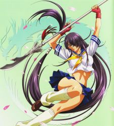 Rule 34 | 00s, 1girl, antenna hair, arms up, beads, breasts, cherry blossoms, convenient leg, crop top, crop top overhang, dragon, fingerless gloves, floating hair, full body, gloves, gradient background, green background, guan dao, hair over one eye, highres, holding, holding weapon, ikkitousen, ikkitousen dragon destiny, kan&#039;u unchou, kneehighs, large breasts, leg lift, loafers, long hair, looking at viewer, loose socks, low-tied long hair, midriff, miniskirt, naginata, navel, neckerchief, official art, petals, pleated skirt, polearm, purple hair, red gloves, rin-sin, scan, school uniform, serafuku, shirt, shoes, short sleeves, sidelocks, skirt, sleeve cuffs, socks, solo, spear, tan, taut clothes, taut shirt, very long hair, weapon, white socks