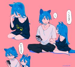 Rule 34 | 1boy, 1girl, :d, animal ears, antenna hair, arm grab, artist name, backlighting, bad id, bad tumblr id, barefoot, between legs, between thighs, black pants, blue hair, blue shirt, blush, body blush, brother and sister, cat boy, cat ears, cat girl, cat tail, cellphone, clenched hand, closed eyes, closed mouth, collarbone, dot nose, eye contact, eyebrows, from side, furrowed brow, hair between eyes, half-closed eye, hand between legs, hand up, head down, highres, holding, holding phone, indian style, jitome, long hair, looking at another, looking down, looking up, loose clothes, loose shirt, motion lines, multiple views, niwabuki, noshime ruka, off shoulder, one eye closed, open mouth, original, pants, phone, pink background, profile, puckered lips, red eyes, rubbing eyes, satonaka kei, shirt, short sleeves, siblings, signature, simple background, sitting, sleepy, sleeves past elbows, smartphone, smile, speech bubble, t-shirt, tail, translation request, white shirt, yokozuwari