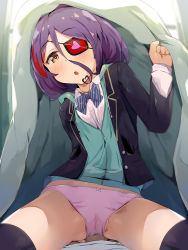 Rule 34 | 1girl, :o, black jacket, black thighhighs, blazer, blue bow, blue jacket, blush, bow, brown eyes, collared shirt, commentary request, diagonal stripes, dress shirt, eyepatch, hair between eyes, hand up, hayasaka mirei, heart, highres, hood, hood down, hooded jacket, idolmaster, idolmaster cinderella girls, idolmaster cinderella girls starlight stage, jacket, leaning to the side, long sleeves, looking at viewer, multicolored hair, open clothes, open jacket, panties, parted bangs, parted lips, pink panties, purple hair, red hair, seneto, shirt, solo focus, spread legs, streaked hair, striped, striped bow, thighhighs, underwear, white shirt