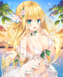 Rule 34 | 1girl, :d, ameto yuki, blonde hair, blush, bow, breasts, brooch, cleavage, cloud, collarbone, commentary request, elf, flower, green bow, green eyes, groin, hair flower, hair ornament, hands up, jewelry, large breasts, long hair, looking at viewer, navel, one side up, open mouth, original, outdoors, panties, pointy ears, see-through, smile, solo, sunset, twitter username, underwear, very long hair, water, white flower, white panties