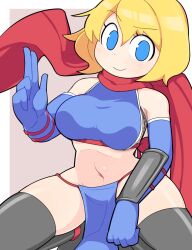 Rule 34 | 1girl, alice margatroid, black thighhighs, blonde hair, blue eyes, blue gloves, blush, breasts, brown background, commentary request, cookie (touhou), elbow gloves, fishnets, gloves, hair between eyes, hospital king, kuji-in, large breasts, loincloth, medium bangs, midriff, navel, ninja, red scarf, scarf, short hair, solo, thighhighs, touhou, two-tone background, underbust, vambraces, web (cookie), white background