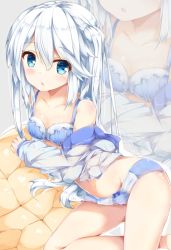 Rule 34 | 1girl, :o, arm support, blue bra, blue panties, blush, bow, bow panties, bra, breasts, cleavage, clothes pull, commentary request, frilled bra, frills, fuuna, highres, legs, long hair, long sleeves, looking at viewer, lying, navel, no pants, off shoulder, on side, one side up, open mouth, original, panties, pillow, school uniform, serafuku, shirt pull, small breasts, solo, underwear, white hair
