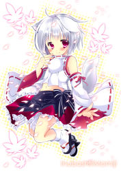 Rule 34 | 1girl, animal ears, bare shoulders, blush, character name, detached sleeves, female focus, hikanyan, inubashiri momiji, leaf, looking at viewer, navel, petals, revision, silver hair, skirt, smile, solo, tail, touhou, wolf ears, wolf tail