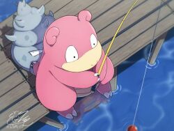Rule 34 | black eyes, claws, commentary request, creatures (company), day, fishing, fishing rod, from above, game freak, gen 1 pokemon, highres, holding, holding fishing rod, nintendo, no humans, outdoors, pokemon, pokemon (creature), reflection, signature, slowbro, solo, tatsumi (panneko), water