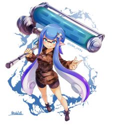 Rule 34 | 1girl, :p, bad id, bad twitter id, bike shorts, black footwear, black shorts, blue eyes, blue hair, blunt bangs, camouflage, camouflage shirt, closed mouth, commentary request, conomi-c5, cross-laced footwear, dynamo roller (splatoon), fangs, female focus, full body, hair ornament, highres, holding, holding weapon, hood, hoodie, inkling, inkling girl, inkling player character, long hair, long sleeves, looking at viewer, mask, middle finger, nintendo, paint splatter, pointy ears, shirt, shoes, shorts, simple background, smile, solo, splatoon (series), standing, tentacle hair, tongue, tongue out, twitter username, weapon, white background