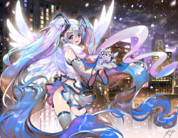 Rule 34 | 1girl, blue eyes, blue hair, cowboy shot, cupping hands, detached sleeves, hatsune miku, long hair, matching hair/eyes, mittens, necktie, own hands together, repi, scarf, skirt, snow, snowflakes, snowing, solo, thighhighs, twintails, very long hair, vocaloid, wings, yuki miku