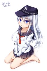 Rule 34 | 1girl, :t, absurdres, anchor symbol, bad id, bad pixiv id, barefoot, between legs, black hat, black sailor collar, black skirt, blue eyes, blush, closed mouth, commentary request, flat cap, full body, hair between eyes, hand between legs, hat, hibiki (kancolle), highres, kantai collection, long hair, long sleeves, looking at viewer, neckerchief, pleated skirt, pout, red neckerchief, sailor collar, shadow, shirt, silver hair, sitting, skirt, solo, tateishi kureha, twitter username, very long hair, wariza, white background, white shirt