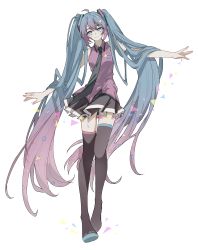 Rule 34 | 1girl, absurdres, alternate costume, alternate hairstyle, aqua eyes, aqua hair, azuki nako, bad id, bad pixiv id, boots, hands up, hatsune miku, highres, long hair, miniskirt, multicolored hair, necktie, pink hair, skirt, smile, solo, thigh boots, thighhighs, twintails, vocaloid, white background
