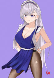 Rule 34 | 1girl, absurdres, alternate costume, apron, arms behind back, artist name, azur lane, belfast (azur lane), black pantyhose, blue apron, blue eyes, blush, breasts, cleavage, closed mouth, collarbone, eiundmarmalade, feet out of frame, fishnet pantyhose, fishnets, highres, large breasts, long hair, looking at viewer, maid headdress, pantyhose, purple background, silver hair, smile, solo, standing