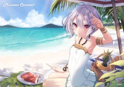 Rule 34 | 1girl, absurdres, armlet, armpits, artist name, banana, basket, beach, beach chair, blue sky, blush, bread, breasts, casual one-piece swimsuit, cloud, copyright name, day, flower, food, fruit, hair between eyes, hair flower, hair ornament, highres, kokkoro (princess connect!), kokkoro (summer) (princess connect!), looking at viewer, mountain, one-piece swimsuit, open mouth, outdoors, palm tree, pineapple, plate, pointy ears, princess connect!, purple eyes, purple hair, short hair, sigma 2018, sitting, sky, small breasts, solo, swimsuit, tree, watermelon