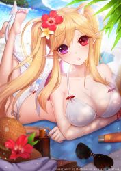 Rule 34 | 10s, 1girl, 2016, ango, ankkoyom, artist name, bad id, bad pixiv id, barefoot, beach, bikini, blue sky, blush, bottle, bow, bracelet, breasts, cleavage, clothing cutout, dappled sunlight, day, demon tail, demon wings, eyebrows, eyelashes, unworn eyewear, feet, flower, glasses, hair between eyes, hat, hat flower, head tilt, heterochromia, hibiscus, highres, horns, jewelry, large breasts, legs up, lens flare, long hair, looking at viewer, lotion, lying, ocean, on stomach, original, outdoors, parted lips, plumeria, pointy ears, purple eyes, red bow, red eyes, red flower, sand, side-tie bikini bottom, single horn, sky, soles, solo, sparkle, straw hat, summer, sunglasses, sunlight, swimsuit, tail, tail through clothes, text focus, the pose, tree, twintails, white bikini, white flower, white wings, wings