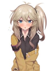 Rule 34 | 1girl, antenna hair, armband, bandaid, bandaid on clothes, black shirt, blue eyes, cardigan, commentary request, grey hair, gyaru, highres, kasukabe tsumugi, long hair, looking at viewer, mole, mole under eye, off shoulder, one side up, open cardigan, open clothes, open mouth, partner (kprtnr), shirt, solo, tearing up, transparent background, upper body, voicevox, yellow cardigan