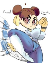 Rule 34 | 1girl, alternate costume, artist name, belt, boots, breasts, brown eyes, brown hair, chun-li, denim, double bun, earrings, covered erect nipples, fighting stance, hair ribbon, jeans, jellot, large breasts, leg lift, leg up, solo, street fighter, street fighter v, tagme, white background, wide hips, yellow ribbon