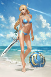 Rule 34 | 1girl, absurdres, ahoge, alternate costume, aqua eyes, arm behind back, artist request, barefoot, beach, bikini, blonde hair, blue bikini, blue eyes, bow, braid, breasts, cleavage, cloud, contrail, contrapposto, day, earrings, feet, female focus, full body, grin, hair bow, hair ornament, hair ribbon, highres, holding, holding sword, holding weapon, horizon, jewelry, large breasts, legs, lips, lipstick, long hair, long legs, looking at viewer, makeup, medium breasts, namco, nature, navel, ocean, official art, outdoors, ribbon, runes, sand, shadow, shield, side-tie bikini bottom, single braid, sky, smile, solo, sophitia alexandra, soul calibur, soulcalibur: lost swords, standing, standing on one leg, string bikini, swimsuit, sword, thighs, toes, very long hair, water, weapon