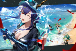 Rule 34 | 3girls, arknights, baseball cap, beach, bikini, black bikini, blonde hair, blue hair, blue sky, breasts, ch&#039;en (arknights), ch&#039;en the holungday (arknights), cleavage, commentary request, dragon girl, dragon horns, dragon tail, eyewear on headwear, female focus, green hair, hat, highres, horns, horns through headwear, hoshiguma (arknights), jacket, large breasts, long hair, multiple girls, ocean, official alternate costume, one-piece swimsuit, one eye closed, open clothes, outdoors, outstretched arm, red eyes, rhodes island logo (arknights), sand, sky, smile, splashing, sunglasses, swimsuit, swire (arknights), tail, valim, water gun, wet, wet clothes