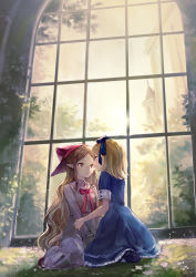Rule 34 | 2girls, :o, arm grab, black footwear, blonde hair, blue bow, blue dress, blue eyes, bow, closed mouth, collared shirt, dress, eye contact, flower, frilled dress, frilled shirt, frills, hair between eyes, hair bow, hat, highres, indoors, kobutakurassyu, light smile, long hair, long sleeves, looking at another, multiple girls, on grass, original, parted bangs, parted lips, pointy ears, profile, purple eyes, red hat, red ribbon, ribbon, shirt, shoes, short sleeves, sitting, skirt, skirt set, sky, sun, sunlight, sunset, tower, very long hair, white shirt, white skirt, window