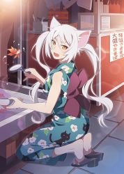 Rule 34 | 1girl, :3, alternate hairstyle, animal ears, artist request, black hanekawa, breasts, cat ears, cat girl, fangs, fish, goldfish, goldfish scooping, hanekawa tsubasa, happy, highres, japanese clothes, kimono, large breasts, long hair, looking at viewer, monogatari (series), monogatari series puc puc, obi, official art, open mouth, poi (goldfish scoop), sandals, sash, slit pupils, smile, solo, source request, summer festival, twintails, very long hair, water, white hair, yellow eyes, yukata