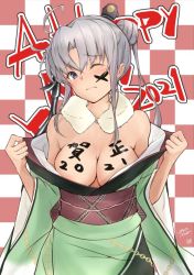 Rule 34 | 1girl, 2021, ahoge, akitsushima (kancolle), body writing, breasts, checkered background, cleavage, commentary request, cowboy shot, dated, green kimono, hair ornament, hazuki futahi, japanese clothes, kantai collection, kimono, long hair, looking at viewer, medium breasts, new year, open clothes, open kimono, purple eyes, purple hair, side ponytail, sidelocks, signature, solo, writing on breasts, writing on face