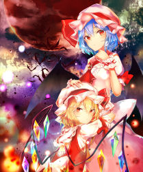 Rule 34 | 2girls, ascot, bat wings, blonde hair, blue hair, blush, bow, brooch, commentary request, crystal, dress, flandre scarlet, frilled shirt collar, frills, hair between eyes, hand on another&#039;s head, hand up, hat, hat ribbon, highres, hug, jewelry, light particles, looking at viewer, looking back, mob cap, moon, multiple girls, pink hat, puffy short sleeves, puffy sleeves, red ascot, red eyes, red moon, red ribbon, red vest, remilia scarlet, ribbon, sakusyo, short hair, short sleeves, siblings, sisters, sky, star (sky), starry sky, touhou, upper body, vest, white bow, white dress, white hat, wings, wrist cuffs, yellow ascot