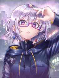 Rule 34 | 1other, blue coat, brooch, candy, city, coat, commentary request, donkikong (pixiv17278003), earrings, food, glasses, grey hair, hair between eyes, halara nightmare, hand up, highres, holding, holding candy, holding food, holding lollipop, hood, hood down, hooded coat, jewelry, lollipop, long sleeves, looking at viewer, master detective archives: rain code, other focus, outdoors, pink-framed eyewear, pink eyes, rain, semi-rimless eyewear, short hair, sky, solo, upper body