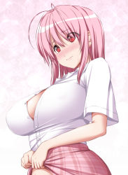 Rule 34 | 1girl, alternate costume, blush, breasts, clothes lift, commentary request, gradient background, hair between eyes, highres, large breasts, lifting own clothes, miniskirt, no headwear, nori tamago, nose blush, partially unbuttoned, pink background, pink hair, pink skirt, plaid, plaid skirt, red eyes, saigyouji yuyuko, shirt, short hair, short sleeves, skirt, skirt lift, solo, sparkle, sweat, touhou, upper body, white background, white shirt