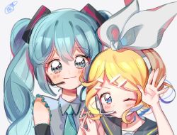 Rule 34 | 2girls, aqua eyes, aqua hair, bad id, bad twitter id, blonde hair, blush, bow, collared shirt, grey shirt, hair between eyes, hair bow, hair ornament, hairclip, hand up, hatsune miku, headband, height difference, kagamine rin, long hair, looking at viewer, microphone, multiple girls, necktie, one eye closed, sailor collar, shirt, short hair, simple background, sleeveless, smile, twintails, upper body, vocaloid, white background, white bow, yalmyu