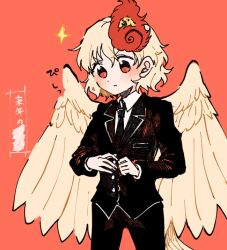 Rule 34 | 1girl, alternate costume, animal, animal on head, bird, black eyes, black jacket, black necktie, black pants, blonde hair, blush, buttons, chick, closed mouth, collared jacket, collared shirt, commentary, formal, hair between eyes, hands up, itomugi-kun, jacket, long sleeves, looking down, multicolored hair, necktie, niwatari kutaka, on head, pants, pocket, red background, red eyes, red hair, shirt, short hair, simple background, solo, standing, star (symbol), suit, suit jacket, symbol-only commentary, tail, touhou, translation request, two-tone hair, v-shaped eyebrows, white shirt, wings, yellow fur