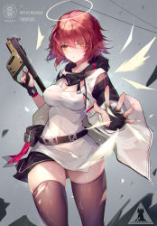Rule 34 | 1girl, arknights, belt, black belt, black gloves, black thighhighs, breasts, cleavage, commentary request, cowboy shot, exusiai (arknights), fingerless gloves, gloves, grey background, gun, hair between eyes, halo, hand up, highres, holding, holding gun, holding weapon, kriss vector, looking at viewer, medium breasts, melailai, nail polish, penguin logistics logo, red hair, rhodes island logo (arknights), short hair, skindentation, solo, standing, submachine gun, tank top, thighhighs, thighs, torn clothes, torn thighhighs, weapon, white tank top, yellow eyes