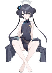 Rule 34 | 1girl, absurdres, bare shoulders, black dress, black eyes, black hair, black nails, blue archive, blue butterfly, breasts, bug, butterfly, china dress, chinese clothes, closed mouth, double bun, dress, full body, hair bun, hair ornament, halo, highres, insect, invisible chair, kisaki (blue archive), long hair, looking at viewer, nail polish, no panties, no shoes, pelvic curtain, sh (shinh), simple background, sitting, sleeveless, sleeveless dress, small breasts, solo, toenail polish, toenails, toes, white background