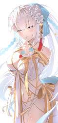 1girl bare_shoulders bikini blue_eyes blue_hair braid breasts cleavage detached_sleeves fate/grand_order fate_(series) flower gold_trim hair_flower hair_ornament hair_ribbon highres index_finger_raised large_breasts long_hair long_skirt long_sleeves looking_at_viewer morgan_le_fay_(fate) morgan_le_fay_(water_princess)_(fate) navel ponytail puffy_long_sleeves puffy_sleeves revision ribbon sidelocks skirt smile solo swimsuit twin_braids umi_endu very_long_hair white_bikini white_hair white_skirt