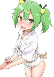 Rule 34 | 10s, 1boy, 1girl, :d, ahoge, bell, blush, breasts, censored, clothed sex, cowboy shot, crop top, from side, front-tie top, fundoshi, gj-bu, green hair, grey eyes, groin, hair bell, hair ornament, hair ribbon, handjob, hetero, japanese clothes, jingle bell, kannazuki tamaki, leaning forward, looking at viewer, midriff, mizu happi, mosaic censoring, no pants, open mouth, parted bangs, penis, ribbon, rope, shimenawa, shirt, short hair, short sleeves, short twintails, sidelocks, simple background, small breasts, smile, solo focus, standing, sweatdrop, thong, twintails, two-handed handjob, white background, white shirt, wide sleeves, yellow eyes, youkan