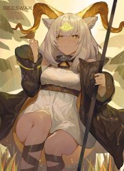 Rule 34 | 1girl, 2020, absurdres, animal ears, arknights, beeswax (arknights), bingansuan jiamouren, bird, bird on hand, black collar, black jacket, breasts, character name, collar, dark-skinned female, dark skin, dress, facial mark, feet, forehead mark, goat ears, goat girl, goat horns, hands up, highres, holding, holding staff, horns, infection monitor (arknights), jacket, long hair, off shoulder, open clothes, open jacket, small breasts, solo, staff, white dress, white hair, yellow eyes