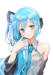 1girl absurdres aqua_hair aqua_nails aqua_necktie aqua_trim bare_shoulders black_headphones black_sleeves blue_nails blue_necktie blue_trim closed_mouth collared_shirt commentary_request detached_sleeves grey_shirt hair_between_eyes hand_up hatsune_miku hatsune_miku_(noodle_stopper) highres long_hair looking_at_viewer meme nail_polish necktie negai_(48282230) ponytail shirt side_ponytail sidetail_miku_noodle_stopper_(meme) simple_background sleeveless sleeveless_shirt smile solo upper_body vocaloid white_background