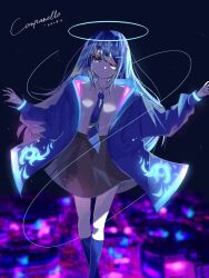 Rule 34 | 1girl, ado (utaite), blue background, blue coat, blue eyes, blue hair, blue necktie, blue socks, cloud nine inc, coat, collared shirt, commentary, dated, english commentary, grey skirt, hair between eyes, halo, highres, kneehighs, long hair, long sleeves, looking at viewer, necktie, one eye closed, open clothes, open coat, revision, shirt, sidelocks, skirt, socks, solo, spica (spica5f9ea0), utaite, white shirt, yoru no pierrot