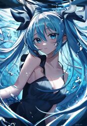 Rule 34 | 1girl, aqua hair, bare shoulders, black dress, black ribbon, blue eyes, breasts, bubble, cleavage, commentary, dress, floating hair, frilled dress, frills, hair between eyes, hair ribbon, hannahkwok4, hatsune miku, highres, light blush, long hair, looking at viewer, medium breasts, parted lips, ribbon, shinkai shoujo (vocaloid), sleeveless, sleeveless dress, solo, sunlight, twintails, underwater, upper body, very long hair, vocaloid, water