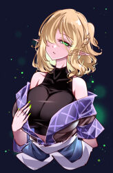 Rule 34 | 1girl, black shirt, blonde hair, breasts, brown jacket, ears visible through hair, fingernails, green eyes, green nails, highres, jacket, large breasts, looking at viewer, mizuhashi parsee, nail polish, open mouth, pointy ears, raptor7, shirt, short hair, solo, touhou, upper body