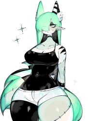 Rule 34 | animal ears, breasts, cat ears, cat girl, choker, cleavage, colored skin, eyeshadow, green hair, green skin, highres, large breasts, long ears, makeup, mint (togetoge), pale skin, patchwork skin, short shorts, shorts, sideboob, skin tight, spiked choker, spikes, stitched arm, stitched leg, stitches, thick thighs, thighs, usa37107692, wide hips