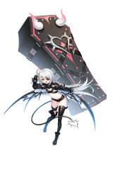 Rule 34 | absurdres, boots, closers, coffin, demon girl, demon tail, demon wings, full body, highres, horn, horns, long hair, lucy (closers), official art, patch, smile, solo, tail, white hair, wings, yellow eyes