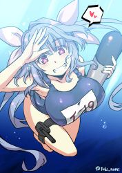 Rule 34 | 1girl, blue hair, blue one-piece swimsuit, blush, breasts, grin, hair ribbon, heart, holding, holding torpedo, i-19 (kancolle), kantai collection, large breasts, long hair, name tag, one-piece swimsuit, pink eyes, ribbon, school swimsuit, smile, solo, spoken heart, star-shaped pupils, star (symbol), swimsuit, symbol-shaped pupils, torpedo, tri tails, tsukinami kousuke, twitter username, underwater
