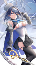 Rule 34 | 1girl, asymmetrical clothes, black gloves, black panties, black thighhighs, blue cape, blue eyes, blue hair, breasts, cape, chain, chain headband, cleavage cutout, clock hands, clothing cutout, detached sleeves, gloves, hair intakes, halo, head chain, headband, high heels, highres, hololive, hololive english, jewelry, large breasts, mechanical halo, miniskirt, ouro kronii, ouro kronii (1st costume), panties, ribbon earrings, sailor collar, sebu illust, shirt, short hair, skirt, sleeveless, sleeveless shirt, solo, sweater, thighhighs, turtleneck, turtleneck sweater, underboob, underboob cutout, underwear, veil, virtual youtuber, zipper