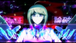 Rule 34 | 10s, 1girl, aderu, ahoge, akamatsu kaede, beamed semiquavers, blonde hair, danganronpa (series), hair ornament, holographic interface, letterboxed, long hair, looking down, musical note, musical note hair ornament, necktie, danganronpa v3: killing harmony, purple eyes, quaver, semiquaver, sharp sign, solo, sweat, sweater vest, upper body
