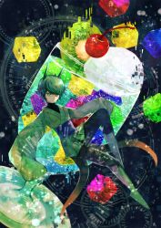 Rule 34 | cherry, cup, food, food focus, fruit, glitch, green hair, green kimono, highres, ice cream, ice cream float, japanese clothes, kimono, kiwi (fruit), knee up, looking at viewer, original, short hair, sleeves past fingers, sleeves past wrists, solo, sparkle, tail, wide shot, yaguremaru