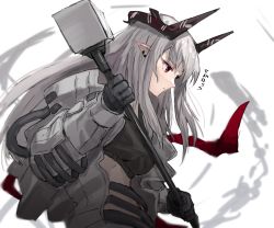 Rule 34 | 1girl, arknights, black gloves, closed mouth, commentary request, expressionless, gloves, hammer, highres, holding, holding hammer, holding weapon, horn/wood, horns, long hair, looking afar, looking at viewer, midriff, mudrock (arknights), mudrock (elite ii) (arknights), pointy ears, red eyes, silver hair, solo, sports bra, stomach, translation request, upper body, weapon