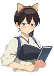 Rule 34 | 1girl, animal ears, black eyes, book, brown hair, commentary, dog ears, fake animal ears, highres, holding, holding book, japanese clothes, kaga (kancolle), kantai collection, long hair, looking at viewer, masukuza j, muneate, side ponytail, simple background, solo, tasuki, upper body, white background