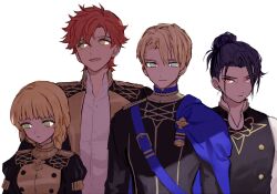 1girl 3boys black_hair black_jacket brown_eyes dimitri_alexandre_blaiddyd felix_hugo_fraldarius fire_emblem fire_emblem:_three_houses green_eyes hair_bun ingrid_brandl_galatea jacket looking_at_viewer multiple_boys nintendo open_mouth red_hair short_hair simple_background smile soto sylvain_jose_gautier white_background