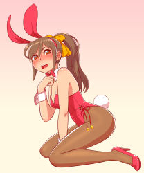 Rule 34 | 1girl, animal ears, blush, bow, bowtie, breasts, brown hair, brown pantyhose, detached collar, fake animal ears, fukusuke hachi-gou, full body, gradient background, hair ribbon, highres, leotard, looking at viewer, original, pantyhose, pink background, playboy bunny, ponytail, rabbit ears, rabbit tail, red bow, red bowtie, red eyes, red leotard, ribbon, sitting, small breasts, solo, strapless, strapless leotard, tail, wariza, wrist cuffs, yellow ribbon