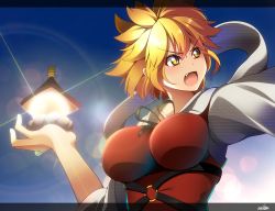 Rule 34 | 1girl, angry, artist name, bishamonten&#039;s pagoda, blonde hair, blue sky, breasts, fang, glowing, hagoromo, highres, hood, hood down, impossible clothes, large breasts, lens flare, letterboxed, light, light particles, light rays, long sleeves, looking afar, miton (turuyasann), open mouth, outstretched arm, photokinesis, ribbon, shawl, shirt, short hair, skin tight, sky, sleeveless, slit pupils, solo, toramaru shou, touhou, upper body, white shirt, yellow eyes