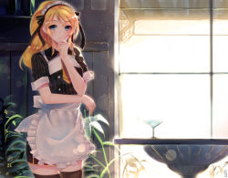 Rule 34 | 10s, 1girl, alternate costume, apron, ayase eli, blonde hair, blue eyes, breasts, enmaided, highres, jun project, long hair, love live!, love live! school idol festival, love live! school idol project, maid, maid apron, maid headdress, pinstripe pattern, ponytail, smile, solo, striped, thighhighs, waist apron